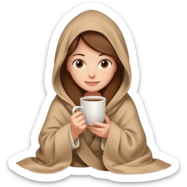 brown hair woman sitting under beige blanket, with a blanket over his head, holding cup of coffe sticker