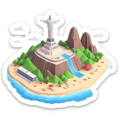 Make the Rio de Janeiro emoji much more realistic and 3D, with lifelike detail and depth, keeping the majestic vista of the skyscraper-lined beach, the mountain, and the Christ the Redeemer statue, accurate colors, and a fully transparent background. Do not add a sky background. sticker