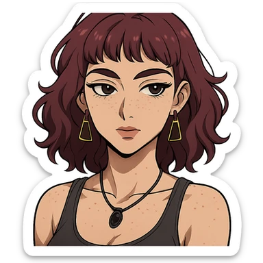 white woman with freckles, teardrop piercing, wavy wine purple hair to shoulders, short bangs, triangular hoop earrings, black stone necklace, tank top, thick eyebrows, large brown eyes, adult anime style, sensual sticker