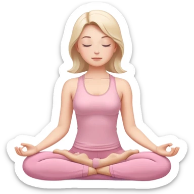 white woman with serene face meditating in lotus position, eyes closed, wearing light pink yoga clothing sticker