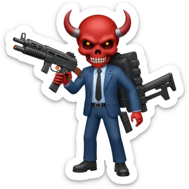 A Demon from hell that is dressed like a fbi agent with a machine gun, full body pointing the machine fun to the left. In the style of your bleeding skull artwork. Just one machine gun sticker