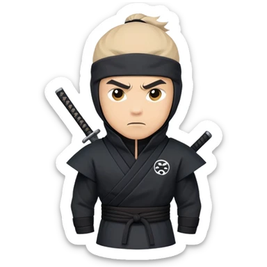 clash-of-clans-aesthetic_-cinematic-mysterious-male-ninja-portrait-emoji, rendered in a flat, vector-style with minimal shading and bold, simplified shapes,   with a head slightly turned revealing intense, focused eyes. the ninja is accompanied by a Ninken dog sticker