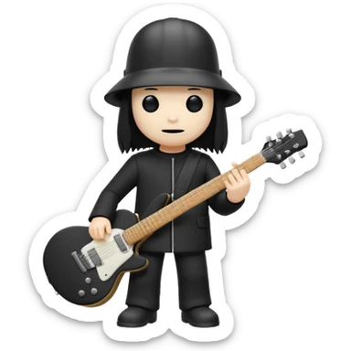 Minimalist chibi emoji of Buckethead: tiny body, oversized bucket helmet, simple black clothes, holding a guitar, spooky-cool but adorable sticker