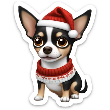 Black, white and brown chihuahua with floppy ears and Christmas sweater sticker