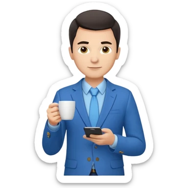 Confident male entrepreneur, Caucasian features, short dark hair, defined eyebrows, slight smile, wearing blue blazer over light blue shirt, holding a smartphone in one hand and a coffee cup in the other, waist-up, front-facing sticker