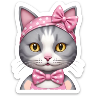 Evil Gray and white evil cat with a pink polka dot dress and with a pink polka dot bow on the Head cute sticker
