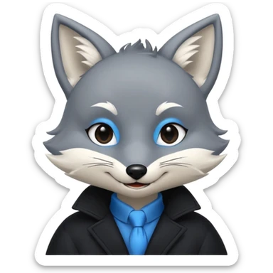 Grey anthropomorphic furry fox with a black coat, blue eyes, and a small fringe of black hair in head, smiling sticker