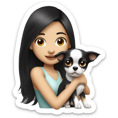long black hair Thai girl with Chihuahua black and white. sticker