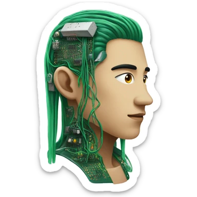 Head of Asian male cyborg with long green hair and circuits sticker