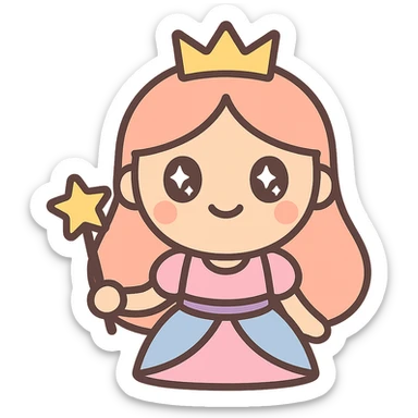 cartoon-style princess emoji with long hair, wearing a golden crown, smiling softly, dressed in a royal gown, holding a magic wand, kawaii style sticker