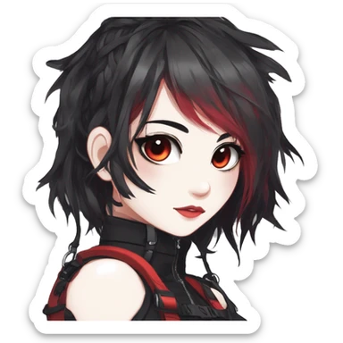Gorgeous dark gothic techwear anime style lady with blushing face aesthetic and pretty edgy black red punk messy wild cute hair with collar and harness trending style sticker