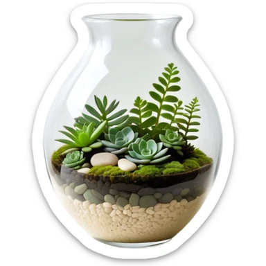 A clear glass vase containing a terrarium with moss, small ferns, and tiny succulents, arranged in a minimalist style inspired by Jean Arp's organic compositions. The plants should be arranged in a balanced, asymmetrical way with smooth curves and natural flow. The glass vase should have a simple, elegant shape with subtle reflections. Natural lighting from above, creating soft shadows on the moss and plants. The background should be clean and neutral --chaos 10 --ar 9:16 --v 7 --stylize 350 sticker