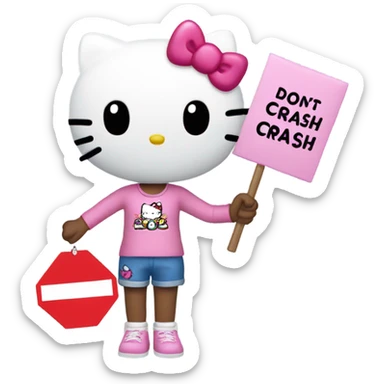 Hello kitty with a sign that says “don’t crash OUT” sticker