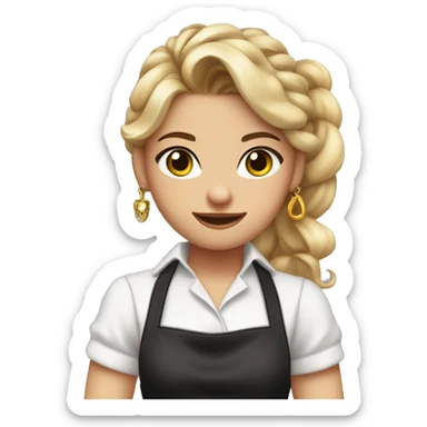 Waitress with white shirt and black apron, curly dirty-blonde hair in a long pony tail, hazel eyes, LOTS of bohemian jewelry and bracelets  sticker