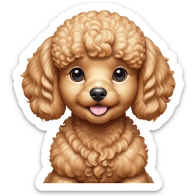 Cinematic Cute Apricot Poodle Portrait Emoji, Head tilted playfully and inquisitively, showcasing a bouncy, curly apricot Fur with a luminous sheen, round, sparkling warm eyes filled with curiosity, Simplified yet irresistibly adorable features, highly detailed, glowing with a warm, friendly glow, high shine, affectionate and lively, stylized with a touch of whimsy, bright and endearing, soft glowing outline, capturing the essence of a mischievous yet loving companion, so playful it feels like it could bounce out of the screen and into your arms! sticker