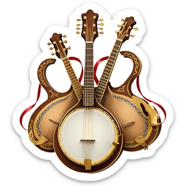 Create an intricate, festive, and emblematic emoji symbolizing plucked string instruments. The design should resemble a regal crest, featuring instruments like a banjo, mandolin, domra, sitar, and other plucked strings, arranged symmetrically in an ornate composition. Their necks and strings should elegantly intertwine with a flowing ribbon of musical notes, wrapping gracefully around the instruments. The overall shape should be grand and balanced, evoking a sense of tradition and celebration. Use a rich and refined color palette with gold, deep mahogany, and vibrant accents, adding intricate wood textures, decorative inlays, and metallic tuning pegs for a professional, polished look. The background should be transparent, making the emblem stand out as an independent artistic mark sticker