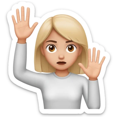 girl looking annoyed, palm raised to signal stop sticker