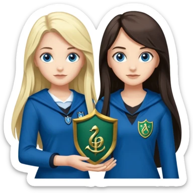a pretty ravenclaw girl with long dark brown hair and blue eyes standing with a hot Slytherin girl with long blonde hair, blue eyes and big boobs  sticker