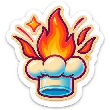 chef's hat explode with trails of fires, emoji, playful, magic flame neon orange to neon pink gradient, vibrant, flame matching style reference file sticker