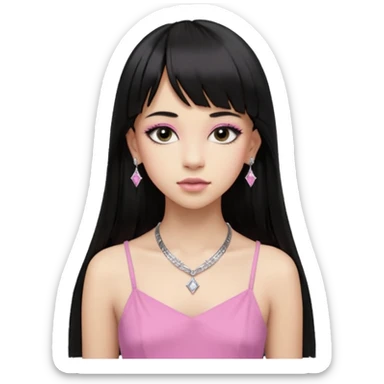 Cabelos pretos longos lisos ,com franja curvada .olhos pretos puxadinho para cima. Cílios longos curvados. Pele clara ,nariz pequeno ,lábios carnudos ,adolescente 16 anos ,vestido rosa de alça, colar pequeno prata ,brinco de diamante pequeno  sticker