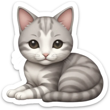1 grey and white small cat with its eyes closed lying down leaning on its elbow with its paw curled under his head holding it up sticker