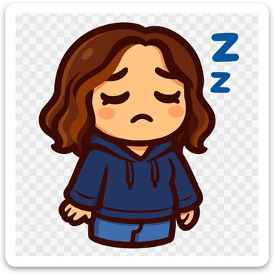 Sticker style chibi emote of the woman from the reference images, wearing a blue hoodie and jeans, sleepy with Zzz, no headband, no sparkles, no wand, transparent background. sticker