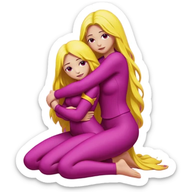 One figure is dark magenta and is kneeling.
	•	The other figure is yellow with long hair and is being held, with their arms around the magenta figure’s neck.
	•	The yellow figure’s legs wrap around the magenta figure’s waist, suggesting a close, intimate embrace. sticker