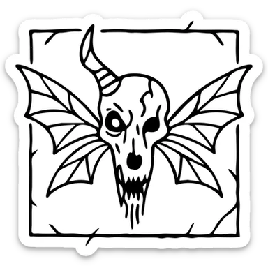 deeply disturbing minimal red horror line art of grotesque minotaur-stoat hybrid skull with aggressively fractured horn and demonic eye, unnatural twisted moth wings, mostly empty middle with nightmarish thin outline frame, intensely unsettling with sparse but horrifying details, frame jagged and broken in threatening manner, pure horror, 100% red sticker