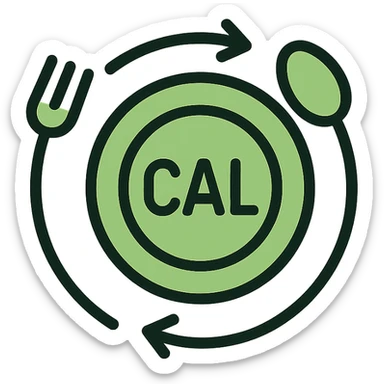 logo for a calories tracker app, flat icon style, green color scheme, plate with fork and spoon forming a circular arrow sticker