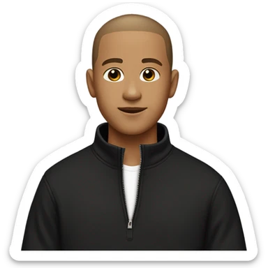 boy with very light brown skin, buzz cut, no facial hair, wearing a smart black quarter zip jumper with white t shirt underneath. sticker