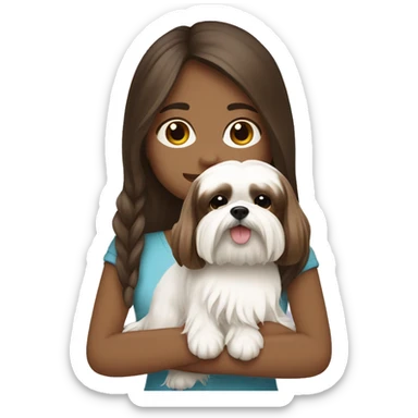 Girl with Brunette skin with brown long hair, hugging her white Shih tzu sticker