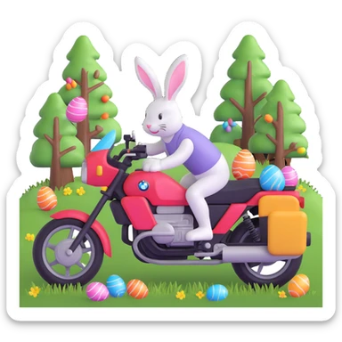 Easter bunny riding a BMW boxer motorcycle with trees and grass in the background, colorful Easter eggs hidden in the grass, and more bunnies watching from the side of the road sticker