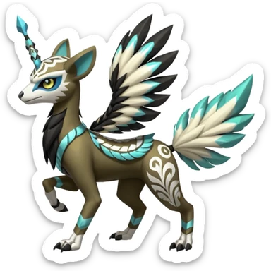 Giant big muscular strong puffy fluffy floofy Asian marked patterned Arrow-patterned chevron-marked Big-eyed anime-styled Colorful Shiny Tribal Skeletal masked armored Meloetta-Silvally-Solgaleo-Raikou-Pokémon-Digimon-Fakémon-fusion-hybrid-creature, full body sticker