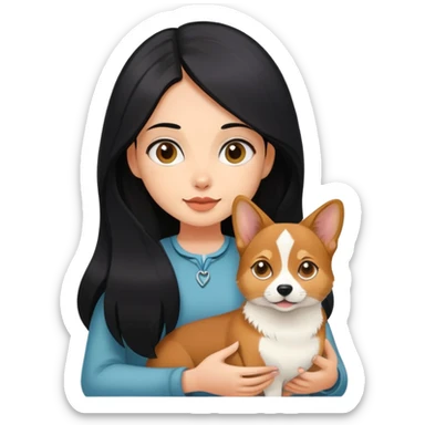 The girl with long black hair holding a corgi and a Abyssinian cat sticker