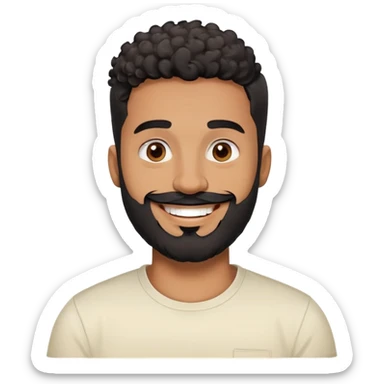 Man in his 30s with medium brown skin. Round face with friendly expression. Dark eyes with cheerful look. Thick eyebrows. Wide nose. Full black beard, well-trimmed. Short curly black hair with fade cut. Wearing a cream t-shirt. Big smile. sticker