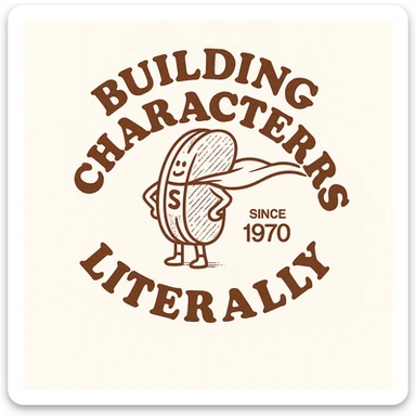 change the text here to be "building characters" on top "literally" on the bottom sticker