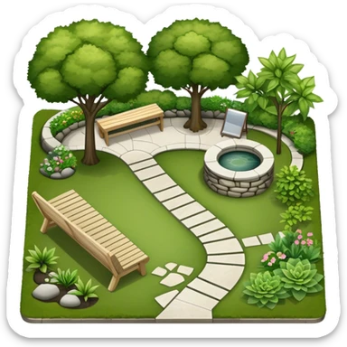 Icon for Landscape Design: a garden layout with trees, plants, pathways, and outdoor furniture, along with design tools like a ruler and sketchpad. The icon should represent the creativity and planning behind landscape design. Transparent background. sticker