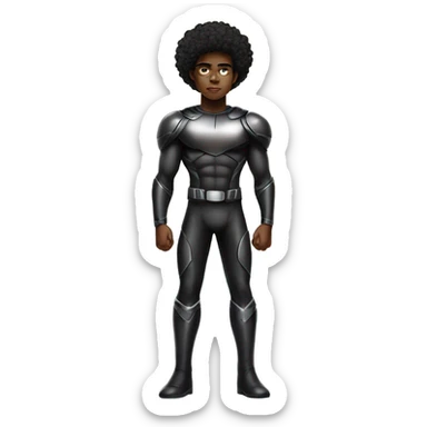 Muscular Afro teenage boy in a black Cyborg superhero costume standing on a spaceship. sticker