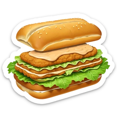 schnitzel sandwich: an oblong roll topped with a schnitzel, placed on a lettuce leaf, the schnitzel is drizzled with remoulade, there is no cheese or other ingredients sticker