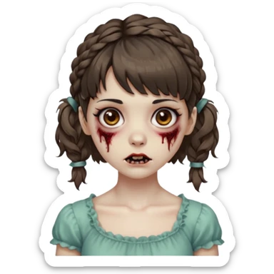 Cabelo ondulado  um pouco cheio e franja curta  Olhos marrons e pequenos e feita d ezumbi mais bonita com cabelo amarro na e com as mãos assim tipo assim🧟‍♀️ sticker