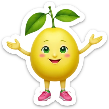 The character is a bright yellow lemon with a round, plump body that serves as both its torso and head. It has a small green sprout with a single leaf growing from the top of its head, giving it a fresh, lively appearance. The lemon has large, expressive green eyes, a small triangular nose, and a friendly smile with red lips.

Its arms are outstretched in a welcoming gesture, with five-fingered yellow hands. The character is wearing loose green shorts and oversized pink shoes, which add to its whimsical and playful charm. The legs are short and simple, with no visible knees, adding to its cartoonish proportions. sticker