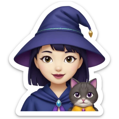 An Asian short-haired girl with short raven hair and bangs, with heterochromia eyes(her left eye is silver coloured and her right eye is dark brown coloured), cat-eyed eyeliner, and laughs with a tiny fang of mauve-toned lipstick, wears a dark navy wizard hat with an emblem on it. sticker