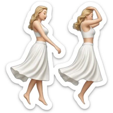 Hyperrealistic Full body Caucasian curvy beauty jumping white skirt back and front views strong wind sticker