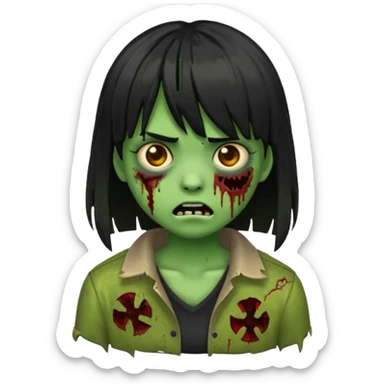 scary zombie emoji, green skin, medium black hair with bangs sticker