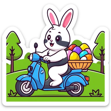 Easter bunny riding a BMW boxer motorcycle with trees and grass in the background and colorful Easter eggs hidden in the grass sticker