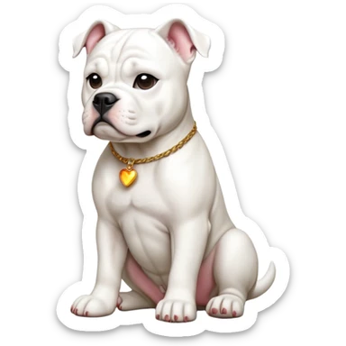 cinematic-[american bulldog]-realistic-full-body-sitting-emoji,-tail-resting-loosely-beside-its-paws,-head-tilted-dramatically,-sleek-[solid white]-fur,-simplified-yet-realistic-focused-features,-highly-detailed,-glowing-with-an-almost-sarcastic-glow sticker