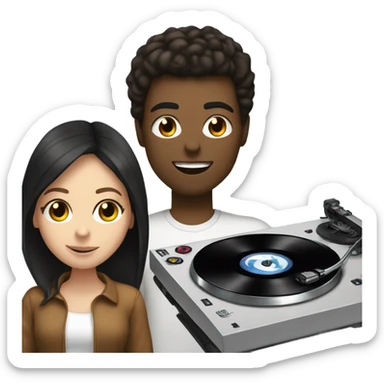 3 people: a white girl with dark hair, a brown girl, and a white guy behind DJ turntables together sticker
