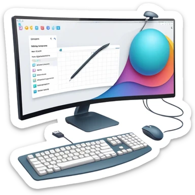 Create an emoji for UX/UI design. Large curved monitor, displaying UX/UI program design interface. Include a mouse, keyboard, and stylus, symbolizing the design process. Use modern, professional colors. Do not include any emojis or smiley faces. Make the background transparent. sticker