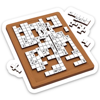 A photorealistic icon with a crossword magazine, a 3D puzzle and a partially completed puzzle on a table. Bright, detailed design with realistic lighting. Transparent background, clearly symbolizing puzzles and brain games. sticker