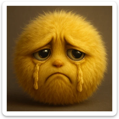 a realistic yellow fur ball face, sad and envious, with furry tears and expressive eyes sticker